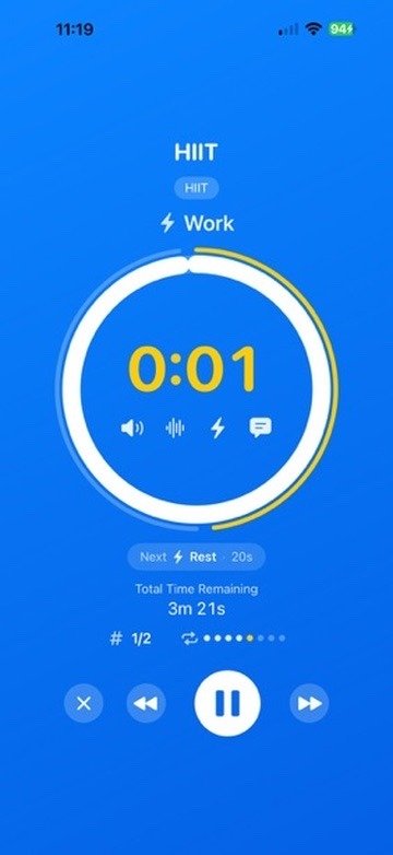 BLAST running session screen showing an active HIIT timer