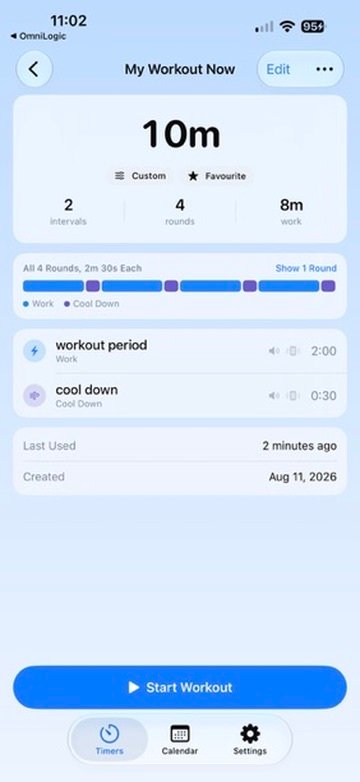 BLAST timer detail screen showing four rounds and intervals