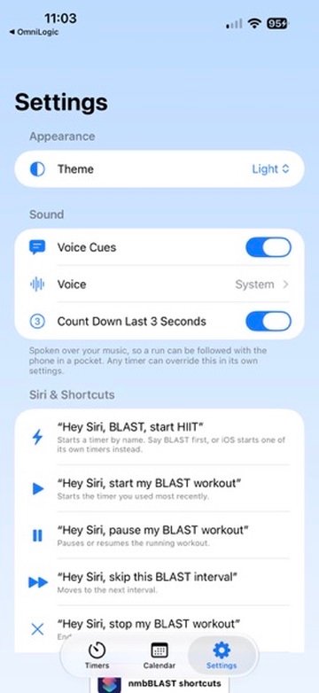 BLAST settings showing voice cues and Siri shortcuts