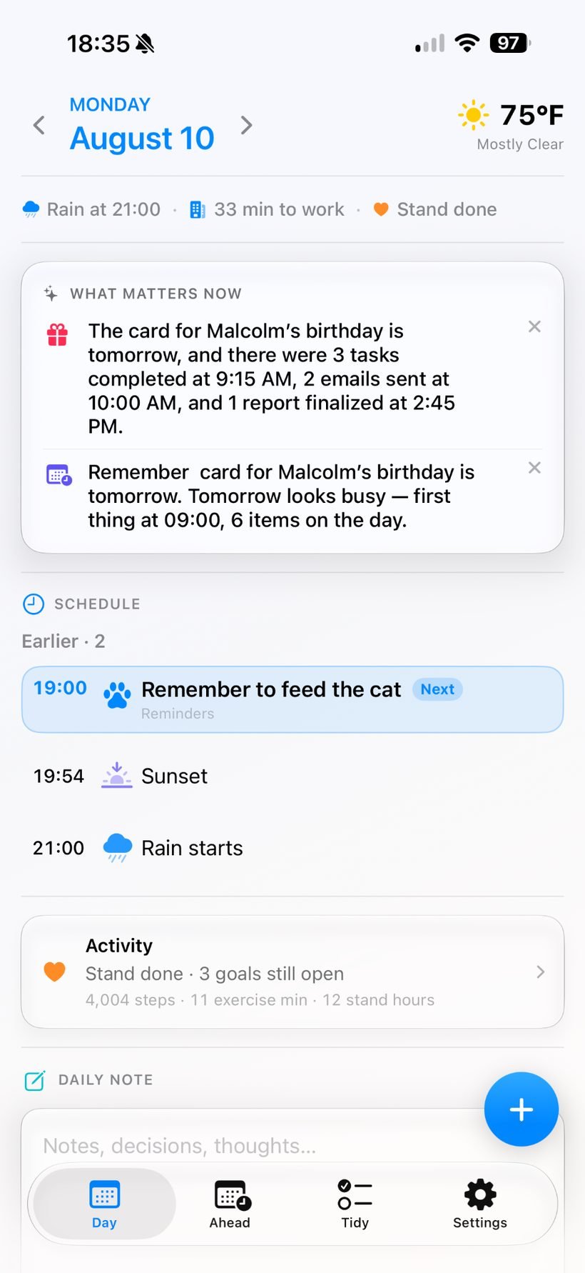 MyDay focused day view showing evening reminders, activity and daily note