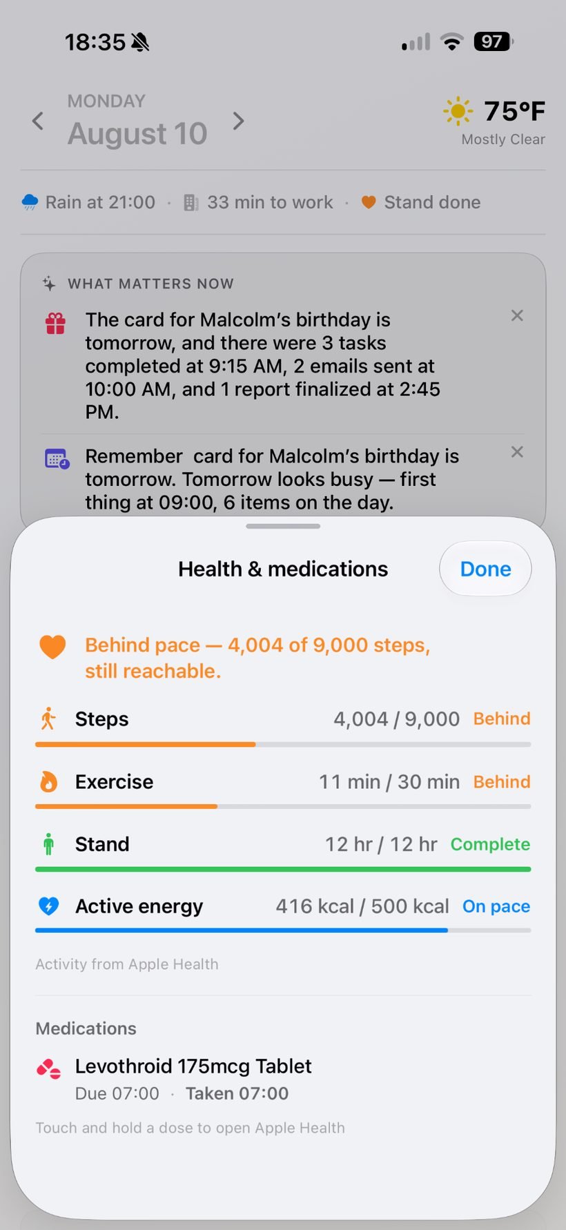 MyDay health and medications sheet with activity progress and medication status