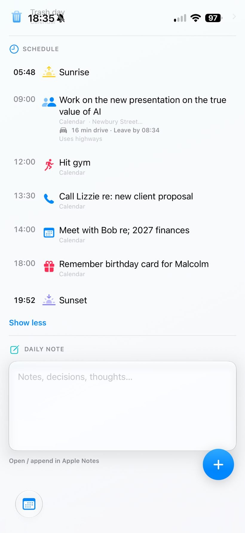 MyDay schedule section and daily note area