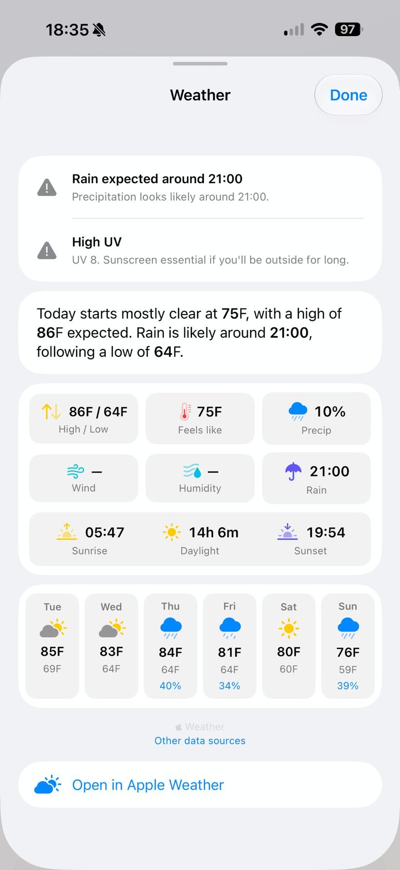 MyDay weather sheet showing alerts, summary and forecast