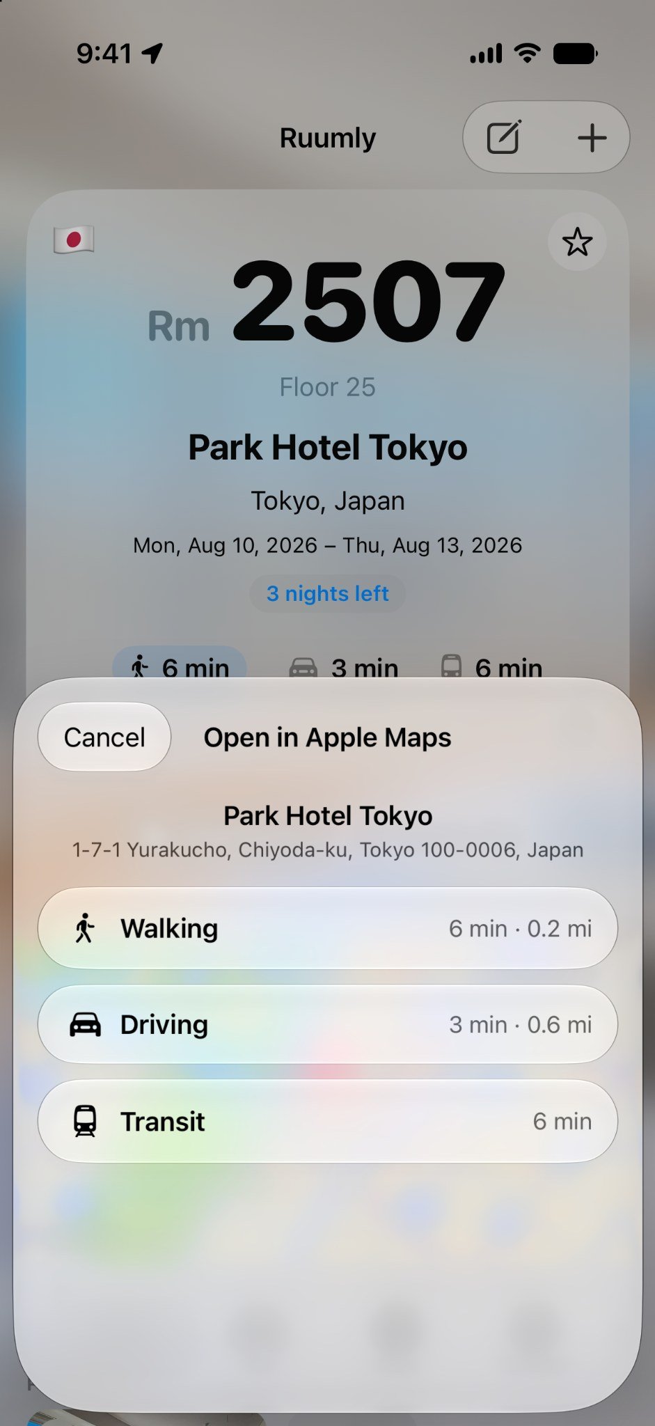 Ruumly directions chooser showing walking, driving and transit options