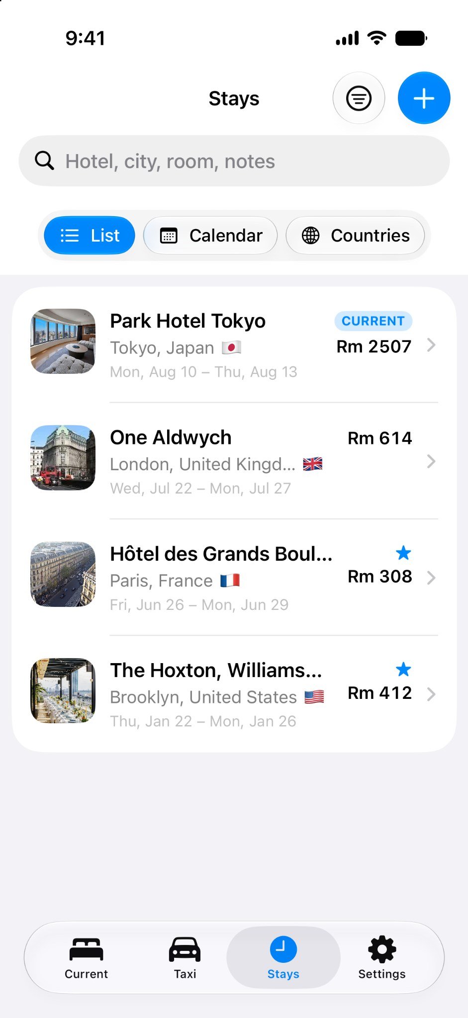 Ruumly Stays screen showing current and previous hotel stays